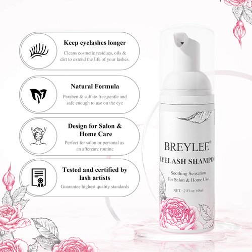 BREYLEE Eyelash Extension Cleanser,Eyelash Extension Shampoo, Eyelash Extension Foam & Brushes Eyelid Cleanser for Makeup Remover Paraben & Sulfate Free for Salon and Home Use