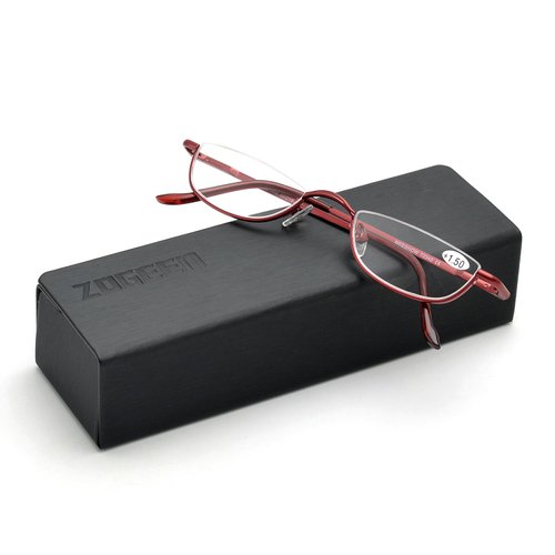 ZUVGEES Vintage Alloy Semi Rimless Reading Glasses Men Women Half Frame Slim Glasses with Stylish Case (Red, 2.50)