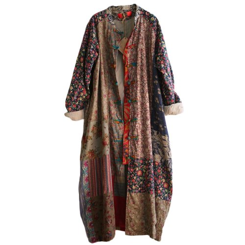 NFYM Women's Trench Coat Long Cotton Linen Floral Print Jacket Cottagecore Clothing Patchwork Outwear Each Piece Unique (Vintage, XL)