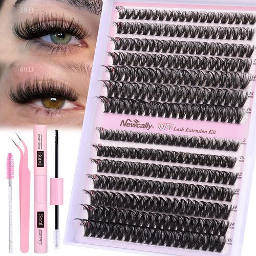 Newcally Lash Clusters Kit Wispy DIY Lash Extension Kit Fluffy Cluster Eyelashes Extension Natural Look D Curl Individual Lashes Kit 9-16MM Faux Mink Cluster Lashes(50D+60D, 0.07D)