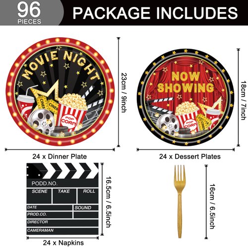 96 Pcs Movie Night Birthday Party Plates Napkins Forks Supplies Paper Tableware Set Disposable Table Movie Night Theme Snack Decoration for 24 Guests