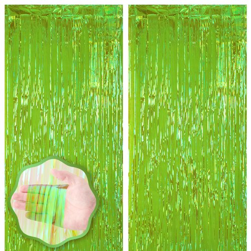 Voircoloria 2 Pack 3.3x8.2 Feet Neon Green Foil Fringe Backdrop Curtains, Tinsel Streamers Birthd...