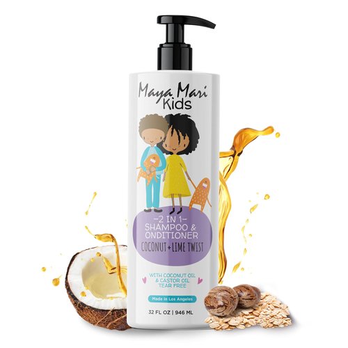 MAYA MARI Kids Shampoo and Conditioner 2 in 1 with Coconut Oil and Castor Oil | Sulfate Free and Tear Free Hair Detangler Curly Hair Products for Kids, 32 Fl Oz