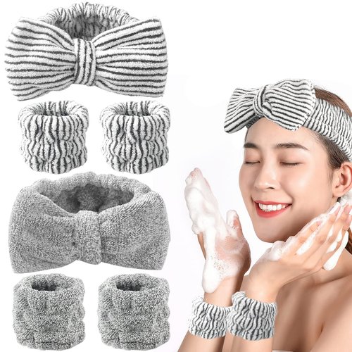 GSYUWIH 6 Pcs Face Wash Headband and Wristband Set,New striped Headbandface Washing Wristbands,Ladies Spa Headband and Wristband Set Suitable for Women to Wash Face Face Makeup Supplies（Striped/Grey）