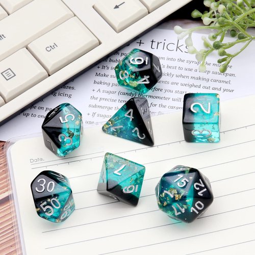 Haxtec DND Dice Set Blue Black Resin Dice Set Gold Foil Flakes D&D Polyhedral Dice for Roleplaying RPG Dungeons and Dragons