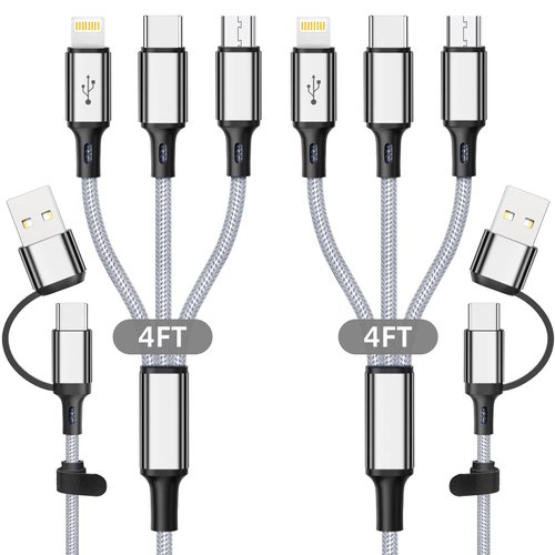 HanCenDa 6 in 1 Multi Charging Cable 2Pack 4ft Multiple Charge Cord, USB A/C to Phone USB C Micro USB Lightning Connector Nylon Braided Charging Cord Compatible with iPhone 15/15 Pro and More-Grey