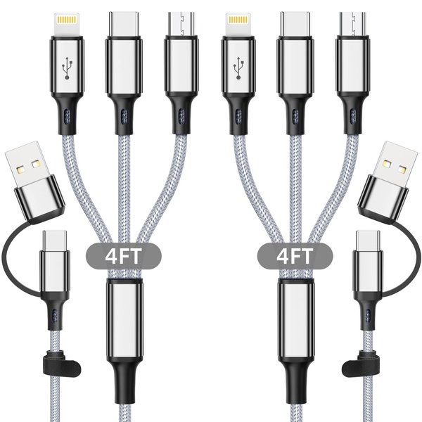 HanCenDa 6 in 1 Multi Charging Cable 2Pack 4ft Multiple Charge Cord, USB A/C to Phone USB C Micro USB Lightning Connector Nylon Braided Charging Cord Compatible with iPhone 15/15 Pro and More-Grey