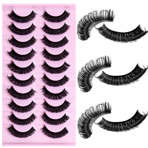 LuckForever 10 Pairs False Eyelashes Russian Strips Eye Lashes Wispy False Lash Fluffy Eyelash Extension Natural Look D Curly Fake Eyelashes Reusable Volume Eye Lash for Women Girls