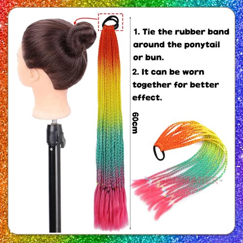 Rainbow Ponytail Hair Extensions for Girls Colored Braided Ponytail Wig Braids with Rubber Bands Hairpieces Synthetic Braiding Hair Accessories for Women Rainbow Festival Rave Crazy Hair Day