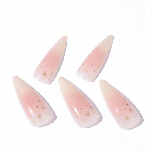 RUOKEXIN Almond Press on Nails Long Stiletto Fake Nails Pink Ombre Acrylic False Nails with Designs Gold Star Glossy Artificial Nails Summer Nail Press ons Natural Cute Stick on Nails for Women 24Pcs