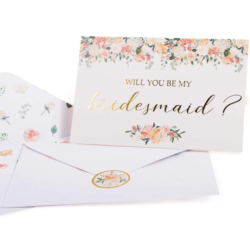 VNS Creations Bridesmaid Proposal Cards. Box set of 8 Will You Be My Bridesmaid and 2 Maid of Honor Cards. 4 x 6 Floral Cards with Gold Foil Ideal for Bridal Party or to go with Bridesmaid Gifts