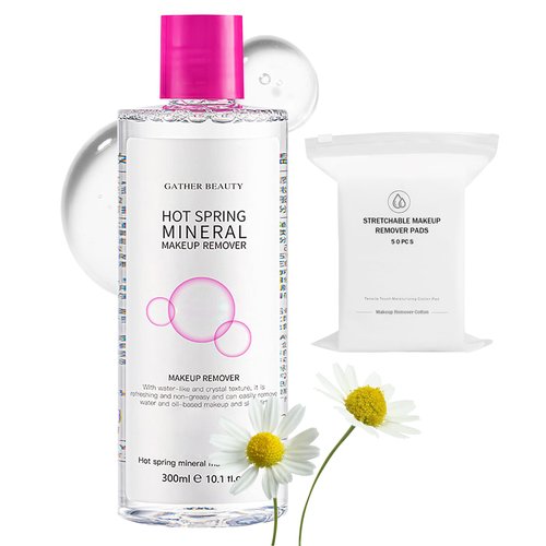 Deep Cleansing Gentle Makeup Remover Cleansing Water Kit with Soft Makeup Remover Cotton Pads for All Skin Types,Hydrating Facial Cleanser Make Up Micellar Remover Liquid for Women and Men