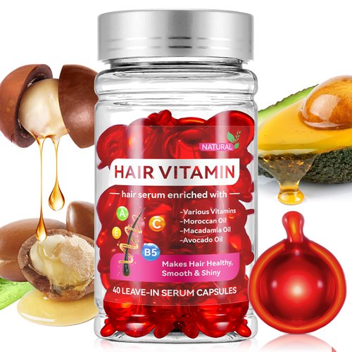 Hair Treatment Serum, Hair Vitamin Serum Capsule, Leave-in Anti Frizz Conditioner with Vitamins A, C, E & Pro B5, No Rinse with Argan Macadamia Avocado Oils, Safe for All Hair-40 Capsules