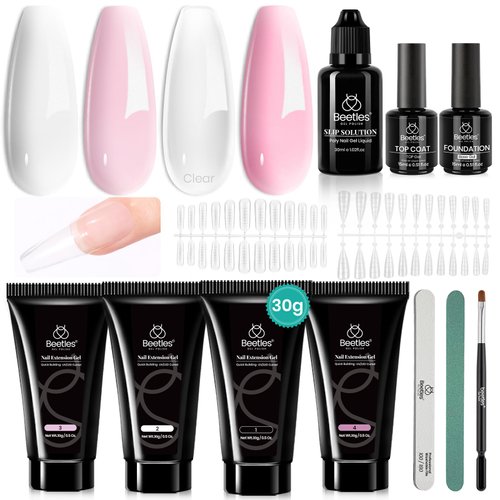 Beetles Poly Nail Extension Gel Kit, 4 Colors Pink White Poly Nail Gel Builder Sheer Pink Nail Gel Clear Nail Art Kit with Poly Brush and Slip Solution Nail Salon All In One French Poly for Women