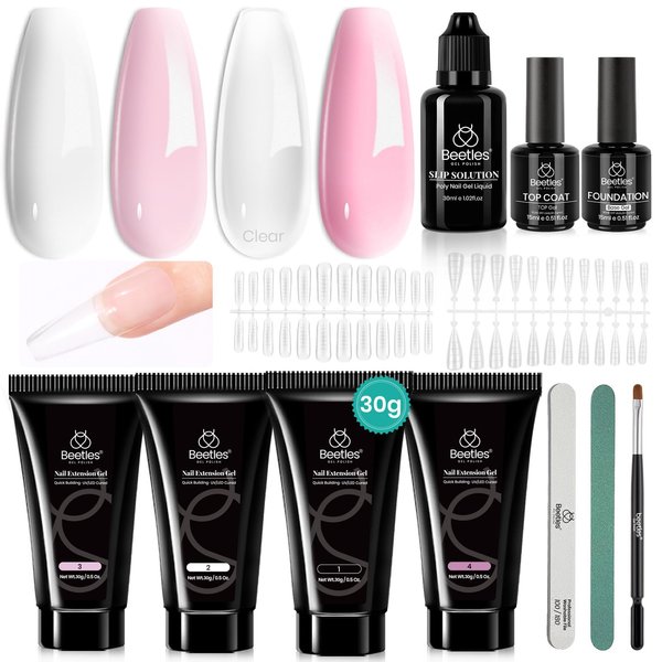 Beetles Poly Nail Extension Gel Kit, 4 Colors Pink White Poly Nail Gel Builder Sheer Pink Nail Gel Clear Nail Art Kit with Poly Brush and Slip Solution Nail Salon All In One French Poly for Women