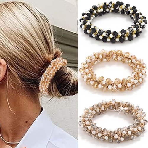 Fashey Pearl Hair Ties Elastic Ponytail Holder Champagne Rhinestone Hair Scrunchies 3 Pcs Glitter Crystal Hairband Hair Accessories for Women (black,grey,champagne)
