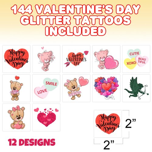 ArtCreativity Valentines Glitter Tattoos for Kids, 144 Pack, Temporary Tattoo Valentines Day Party Favors in 12 Cute Designs, Valentines Gifts for Kids, Class Rewards, and Goodie Bag Fillers