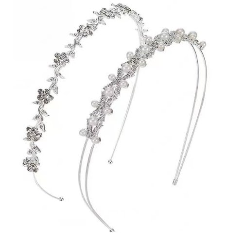 Generic Veewon 2pcs Rhinestone Bridal Crystal Women's Headband Girl Pearl Crown Hair Band Accessories Headpiece Tiara, silver