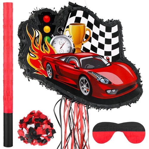 Seematn Race Car Piñata Dart Piñata Bundle with a Blindfold, Bat and Confetti Birthday Party Supplies Small Racing Piñata for Kids Boy Construction Party Favors Decor