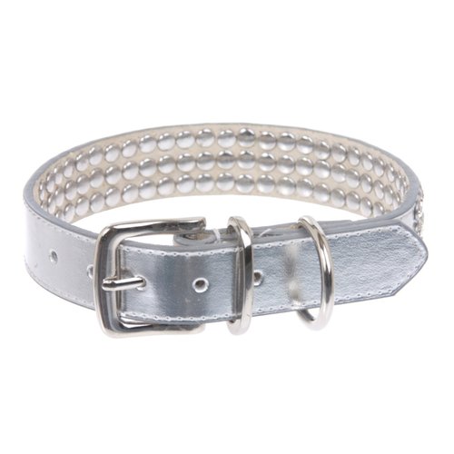 beltiscool 7/8" (22 mm) Leather Dog Collar with Clear Rhinestones Size: M: 11"-13" Neck Color: Silver