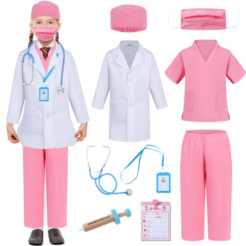 Aoiviss Doctor Costume for Kids Scrubs Pretend Play Kit with Doctor Lab Coat and Stethoscope Halloween Doctor Dress up for Boys Girls, Pink