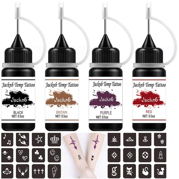Jacknb Temporary Tattoo Kit Jagua Gel Semi Permanent Tattoo Freehand Ink 4 Bottles (2oz) DIY Tattoos Fake Freckles Body Art Paint Kits 40 Pcs Free Tattoos Stencils (Black/Red/Purple/Brown)