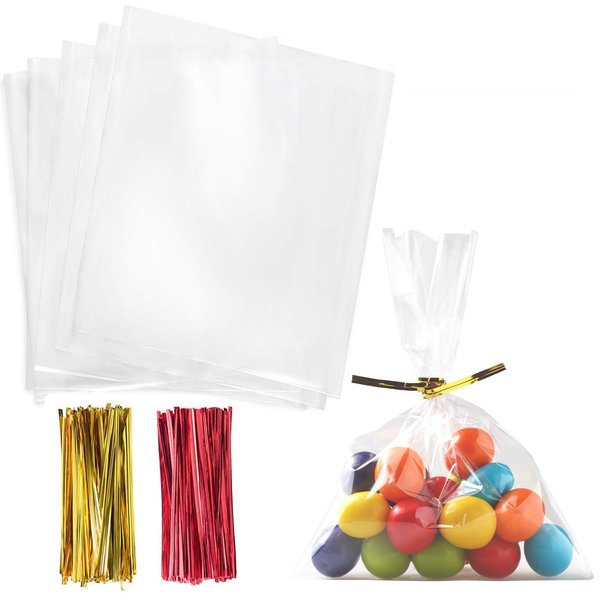 Cello Cellophane Treat Bags,5x7 Inches Clear Cellophane Bags 200 Pcs OPP Plastic Treat Bags with 200 Twist Ties for Gift Wrapping,Packaging Candies,Dessert,Bakery, Cookies, Chocolate,Party Favor