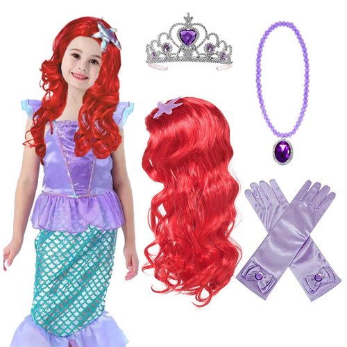 Princess Mermaid Wig Ariel Braid with Princess Tiara Necklace Gloves Not Including Dress Princess Mermaid Ariel Dress Up Halloween Costume Cosplay Accessories for Kids Girls (purple1)