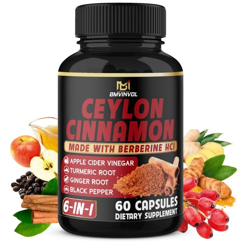Ceylon Cinnamon Capsules with Berberine HCl, Apple Cider Vinegar, Turmeric, Ginseng, Black Pepper - 6in1 for Support Immune Function - 60 Count