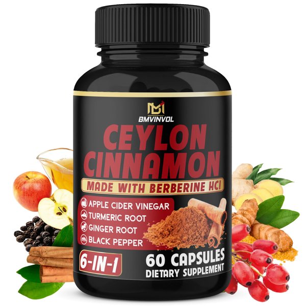 Ceylon Cinnamon Capsules with Berberine HCl, Apple Cider Vinegar, Turmeric, Ginseng, Black Pepper - 6in1 for Support Immune Function - 60 Count
