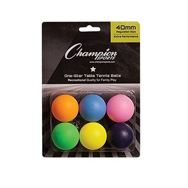 Champion Sports 1 Star Table Tennis Ball Pack - Solid Multicolor Ping Pong Balls, Set of 6, with 40mm Seamless Design - Recreation Table Tennis Equipment, Accessories