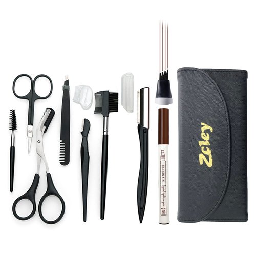 ZCLEY Eyebrow Grooming Set with Travel Case, 8 Pieces Eyebrow Tool Set, Eyebrow Trimming Kit with Waterproof Eyebrow Tattoo Pen (Black Wallet - Chestnut Pincel)