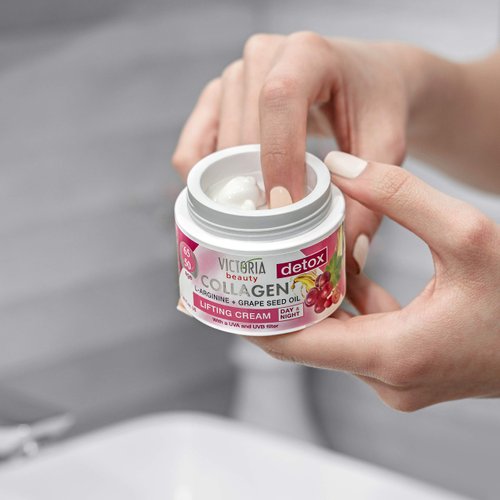 Skin Care Detox Day and Night Face Cream Anti-Aging Moisturiser with Collagen, Hyaluronic Acid, L-Arginine, Grapeseed Oil, and a UVA/UVB Filter for Ages 50-65, 50 ml