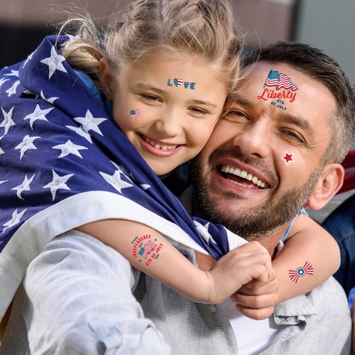 50 Pcs 4th of July Decorations Temporary Tattoos, 12 Sheets Patriotic, Memorial Day, Independence Day, Labor Day Decorations, USA Party Supplies, American Flag Red White & Blue Design