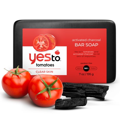 Yes To Tomatoes Bar Soap Activated Charcoal with Tomato Extracts and Sunflower Seed Oil Face, Body Soap for Men, Women and Teens No Paraben, 7 Ounce Bar
