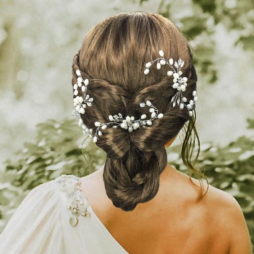 QUEOUNR Pearl Bridal Hair Pins, 3PCS Wedding Hair Clips Decorative Hair Accessories with Rhinestone Head-piece for Brides Bridesmaid Women Girls,H29