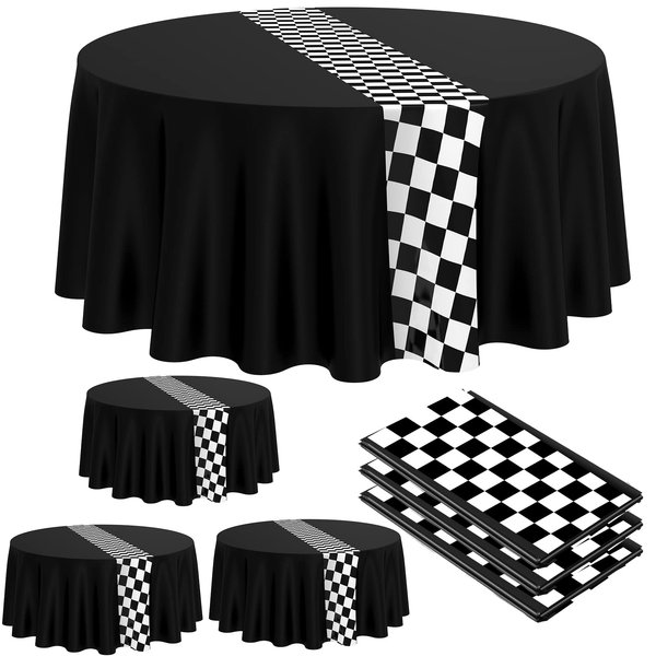 Oudain Cars Birthday Party Supplies Racing Party Decorations Round Racing Tablecloth Checkered Flag Table Covers Road Plastic Table Cloth, 1950s Disco Dancing Party Tablecloth (Black,3 Pcs)