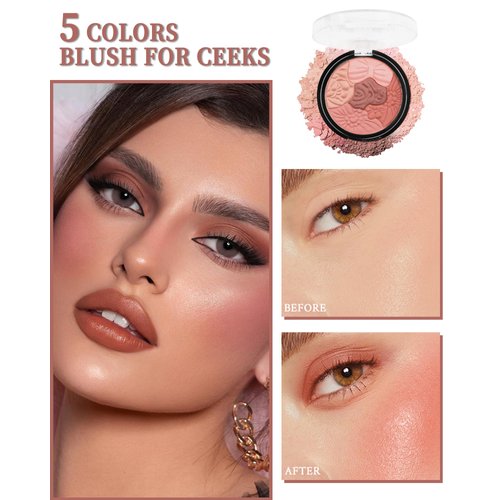 Flower Blush for Cheeks, Matte Shimmer Face Blush Powder,Eyeshadow Contour Multiuse Facial Make up Palette,Longlasting Waterproof Embossed Blusher,Christmas Makeup Gift for Women-02#Camellia Orange