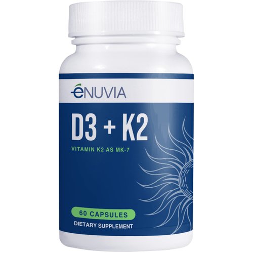 Enuvia D3+K2 - Vitamin D3 K2 Supplement for Women and Men - 60 Veggie Capsules - with Bioperine Black Pepper Extract - Supports Maximum Calcium Absorption and Heart and Bone Health - Made in The USA