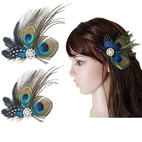 Comidox Hair Clip, Cute Peacock Feather with Rhinestones, Charming Peacock Headpiece Feather Hair Accessories for Women, Weddings, Parties, Halloween, Set of 2