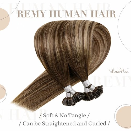 LaaVoo U Tip Hair Extensions Human Hair Brown Balayage Dark Brown Ombre Ash Blonde 16 inch 50g/50s Human Hair U Tip Extensions Fusion Keratin Tip Hair Extensions Human Hair Straight