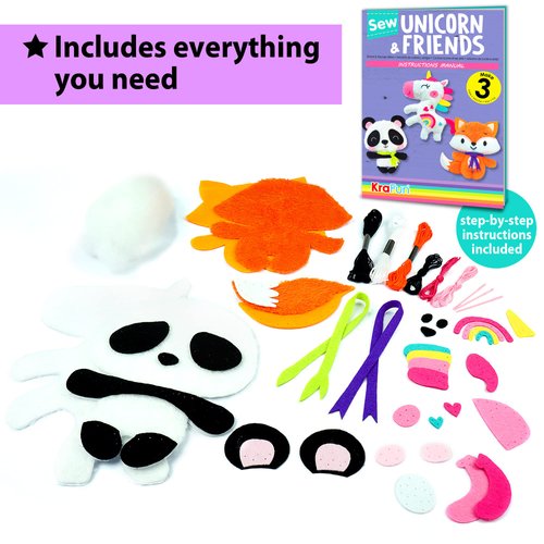 KRAFUN Unicorn Beginner Animal Sewing Kit for Kids Age 7-13 My First Art & Craft, Includes 3 Stuffed Animal Dolls Panda, Fox, Instructions & Plush Felt Materials for Learn to Sew, Embroidery