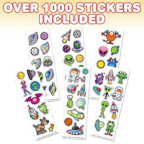 ArtCreativity Alien Stickers Assortment, 100 Sticker Sheets with Over 1000 Space Stickers for Kids, Unique Arts and Crafts Supplies, Outer Space Birthday Party Favors, Galaxy Goodie Bag Fillers