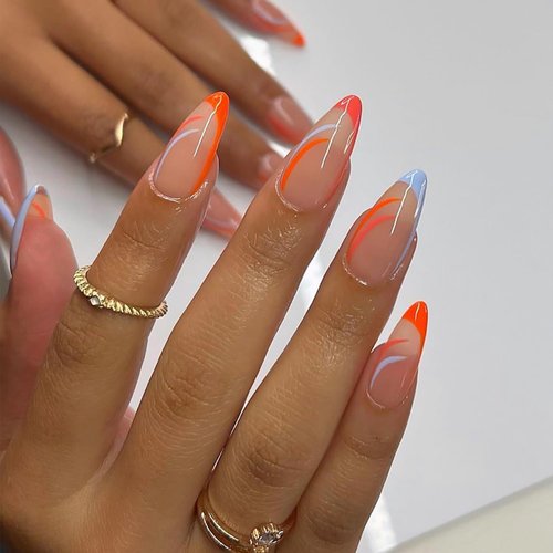 24 Pcs Orange French Tip Press on Nails Medium Almond Fake Nails Nude Pink Full Cover False Nails with Multicolored Lines Designs Glossy Reusable Nails Stick on Nails for Women Girls