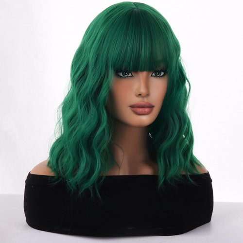 WTHCOS Green Wig Short Bob Wig Short Curly Wavy Wig With Bangs for Women Green Wig Heat Resistant Synthetic Hair Wigs for Daily Use Cosplay Wig With Wig Cap