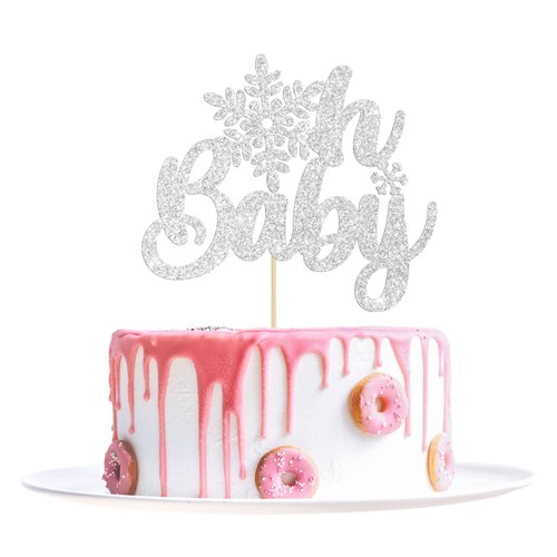 1Pc Snowflake Oh Baby Cake Topper Glitter Baby Shower Snowflake Cake Pick Decorations for Winter Snowflake Theme Baby Shower Kids Birthday Party Supplies Silver