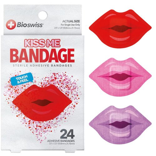 BioSwiss Bandages, Lips Shaped Self Adhesive Bandage, Latex Free Sterile Wound Care, Fun First Aid Kit Supplies for Kids, 24 Count