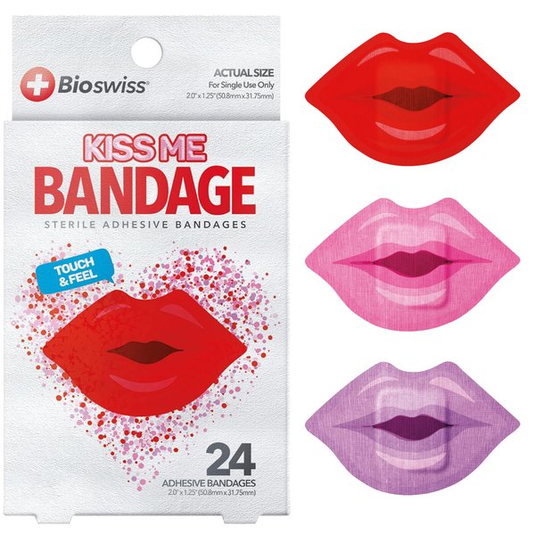 BioSwiss Bandages, Lips Shaped Self Adhesive Bandage, Latex Free Sterile Wound Care, Fun First Aid Kit Supplies for Kids, 24 Count
