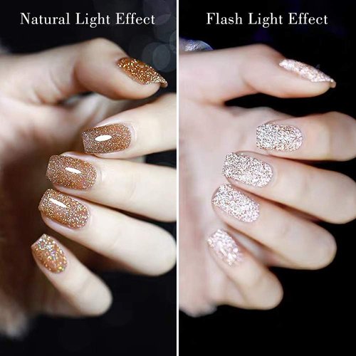 MIZHSE Reflective Gel Nail Polish, Glitter Gold Gel Polish Sparkly Shiny Nail Gel Soak Off UV/LED Lamp Nail Art Varnish for Beginners DIY at Home