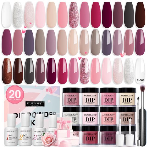 AZUREBEAUTY 29 Pcs Dip Powder Nail Kit Starter, 20 Colors Clear Nude Pink Brown Glitter All Seaso...